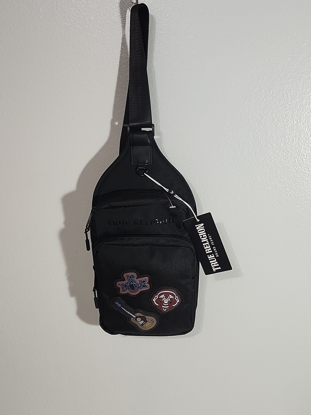 True Religion Black Crossbody Sling Bag with Patches For Women Or Men - Picture 3 of 5